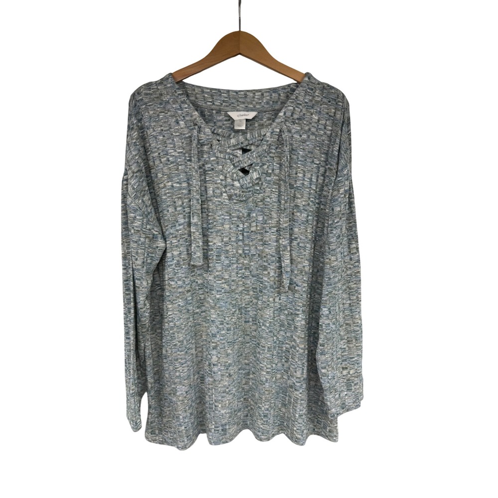 CJ Banks Womens 1X Space Dye Lace Up V-Neck Long Sleeve Top Blue Grey Marled New